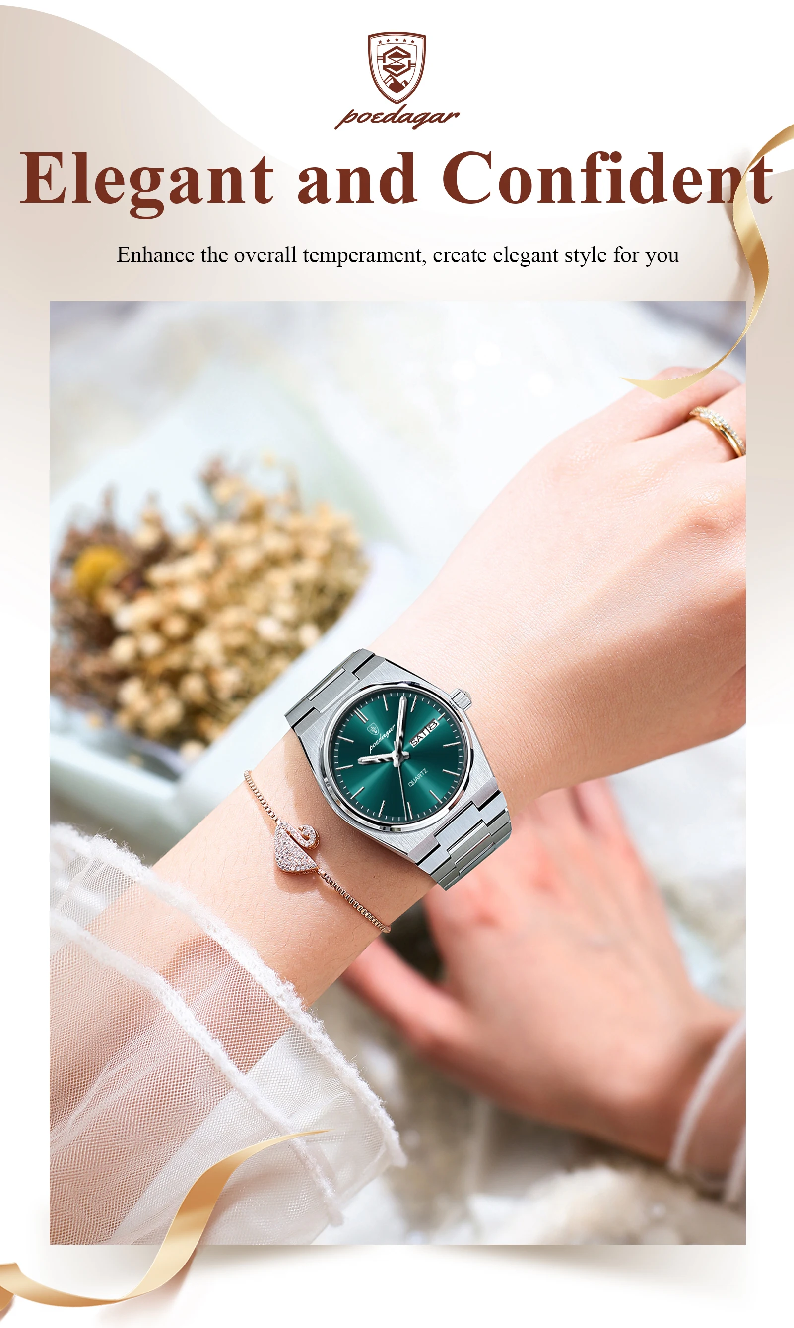 POEDAGAR Elegant Watches For Women Waterproof Luminous Date Week Ladies Watch Quartz Stainless Steel Woman's Fashion Wristwatch