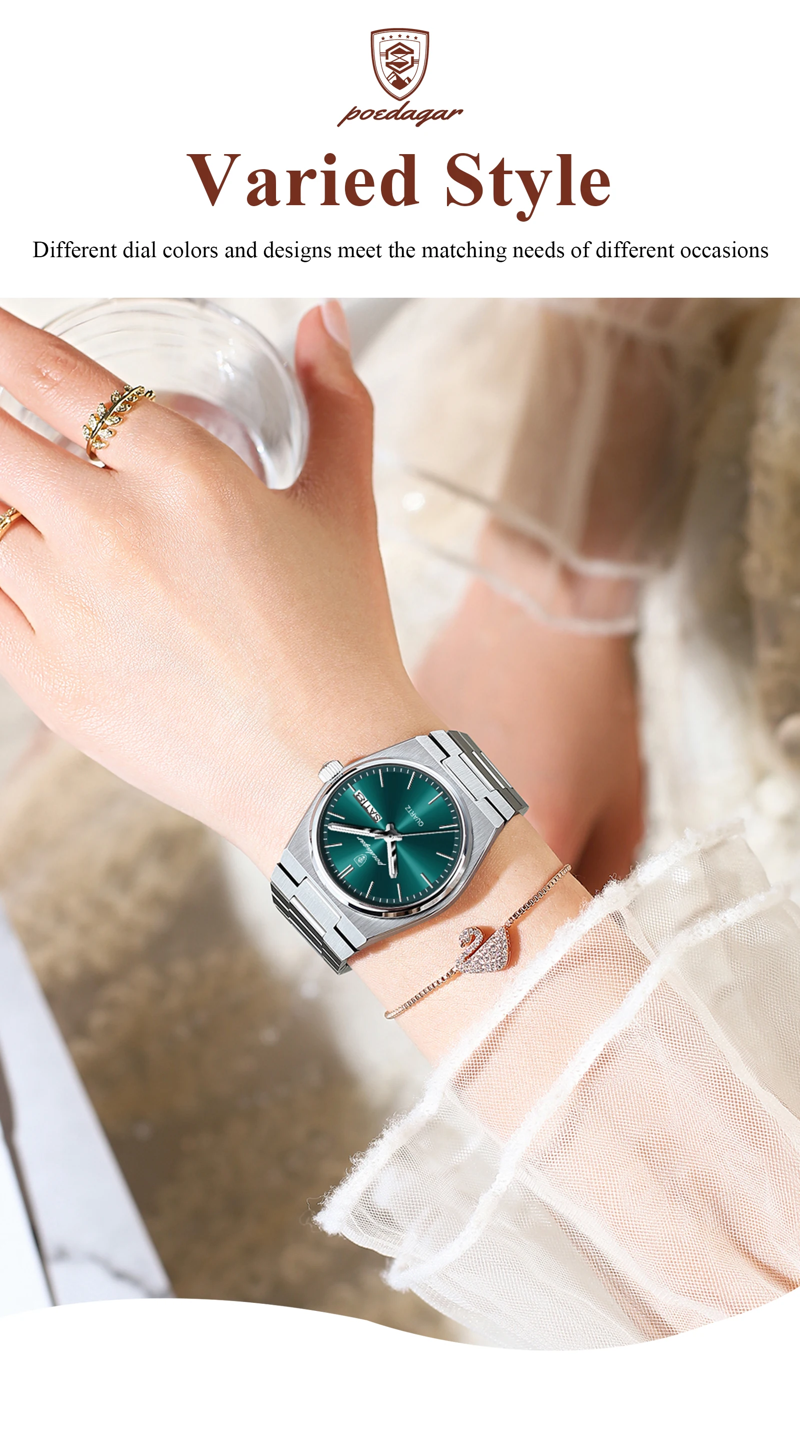 POEDAGAR Elegant Watches For Women Waterproof Luminous Date Week Ladies Watch Quartz Stainless Steel Woman's Fashion Wristwatch