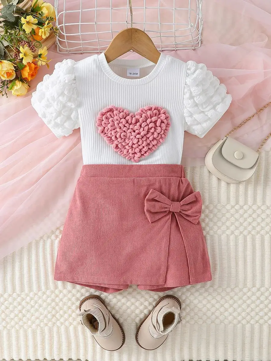 Toddler Girl Summer Fashion Casual Clothes Top With Heart Puff Sleeve &Pink Short Pant With Bow Active Clothing Set For 1-6Y