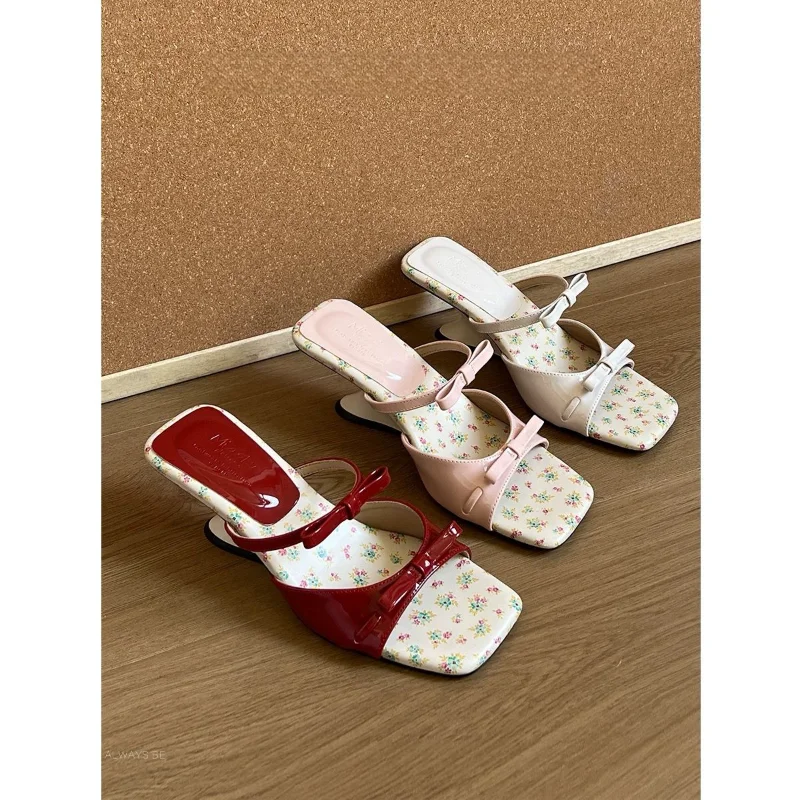 New Summer Mid Heels Slippers Square Head Open Toe Pumps Flower Pink Bow Wedge Sandals for Women Slip On Shoes Wear Sandalias