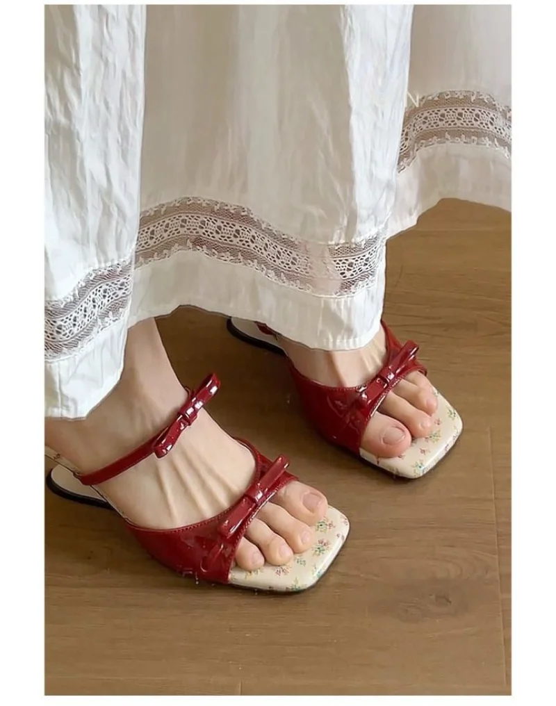 New Summer Mid Heels Slippers Square Head Open Toe Pumps Flower Pink Bow Wedge Sandals for Women Slip On Shoes Wear Sandalias
