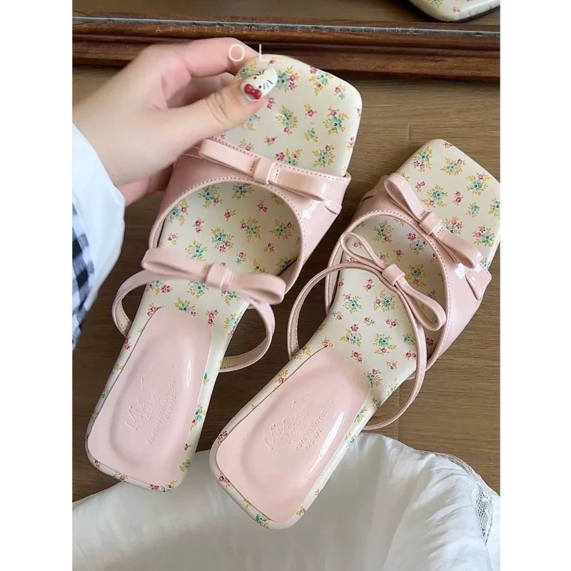 New Summer Mid Heels Slippers Square Head Open Toe Pumps Flower Pink Bow Wedge Sandals for Women Slip On Shoes Wear Sandalias