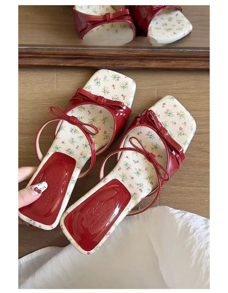 New Summer Mid Heels Slippers Square Head Open Toe Pumps Flower Pink Bow Wedge Sandals for Women Slip On Shoes Wear Sandalias