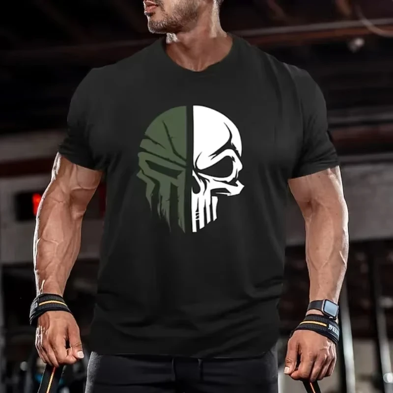 Men's Digital Printed Skull Printed T-Shirt Fitness Top Short Sleeve T-Shirt Quick Drying Breathable