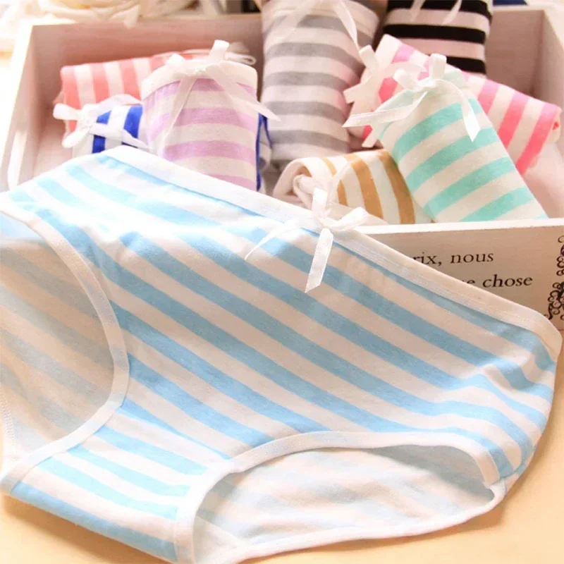 Kawaii Lolita Girls Japanese Anime Style Cosplay Women Panties Briefs With Bow Underwears Underpants Blue Pink White Stripe Gift