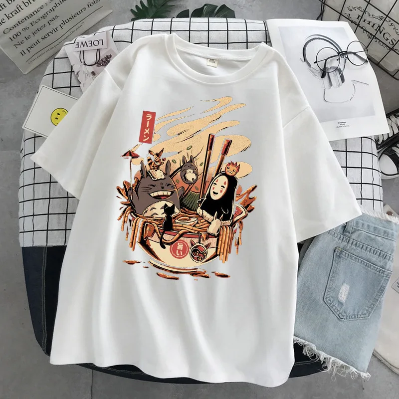 Hayao Miyazaki Anime Series Totoro Printed Men's and Women's Casual Loose Round Neck Short Sleeves Harajuku Anime Tshirt