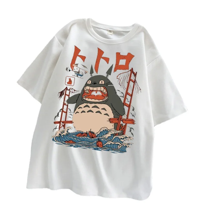 Hayao Miyazaki Anime Series Totoro Printed Men's and Women's Casual Loose Round Neck Short Sleeves Harajuku Anime Tshirt