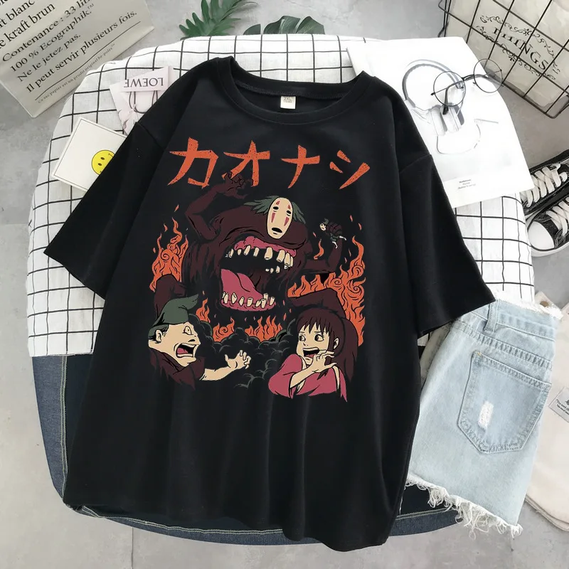 Hayao Miyazaki Anime Series Totoro Printed Men's and Women's Casual Loose Round Neck Short Sleeves Harajuku Anime Tshirt