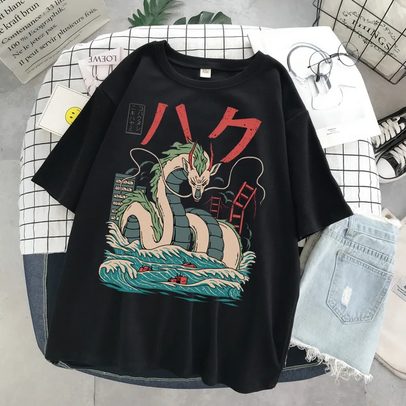 Hayao Miyazaki Anime Series Totoro Printed Men's and Women's Casual Loose Round Neck Short Sleeves Harajuku Anime Tshirt