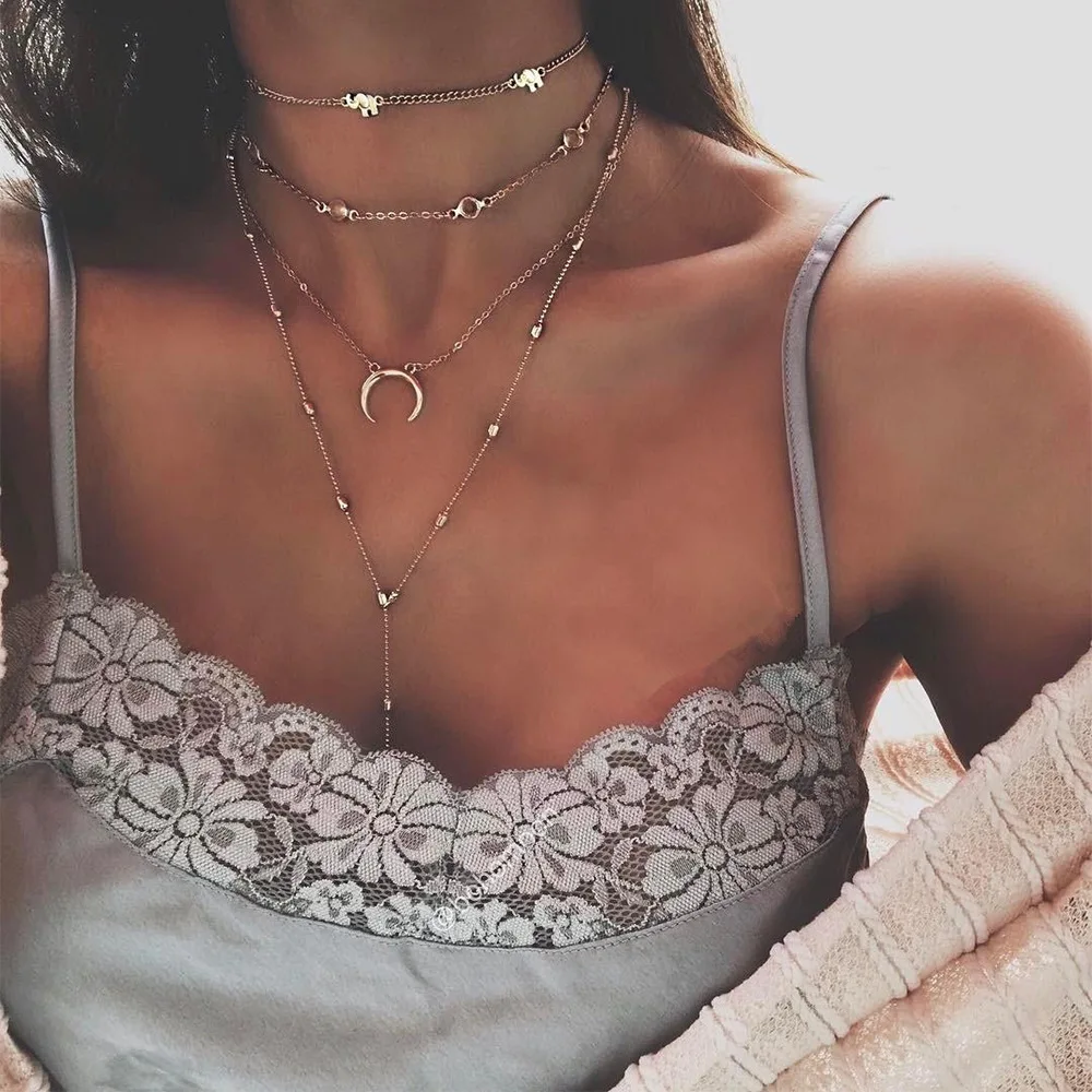 Bohemian Multi layered Necklaces For Women Moon Cross Tree Star Pendant chains Statement Choker 2020 Boho Fashion Jewelry