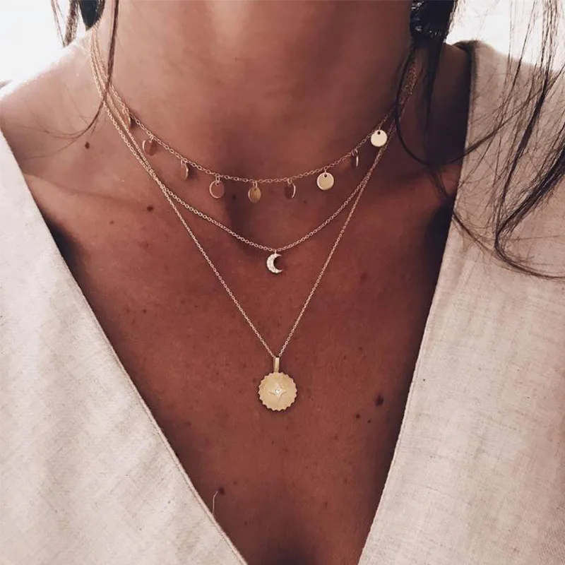 Bohemian Multi layered Necklaces For Women Moon Cross Tree Star Pendant chains Statement Choker 2020 Boho Fashion Jewelry