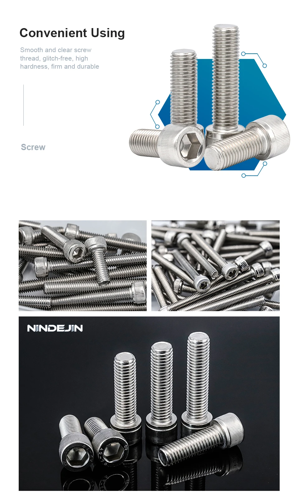 NINDEJIN Hexagon Hex Socket Cap Head Screw M1.6 M2 M2.5 M3 M4 M5 M6 M8 M10 Stainless Steel Allen Bolt DIN912 Hex Screw with Key