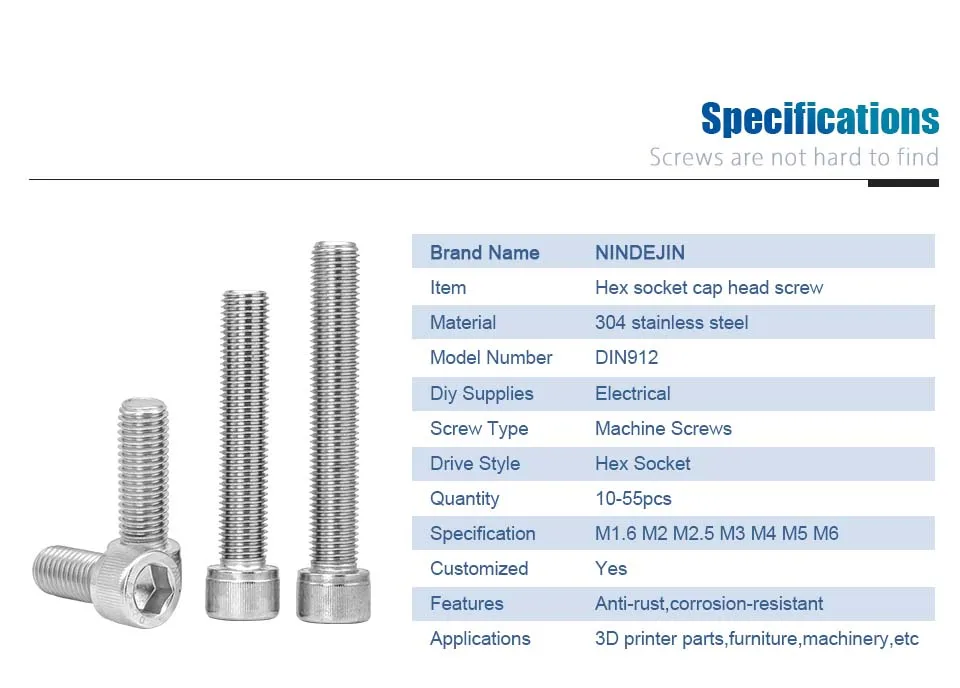 NINDEJIN Hexagon Hex Socket Cap Head Screw M1.6 M2 M2.5 M3 M4 M5 M6 M8 M10 Stainless Steel Allen Bolt DIN912 Hex Screw with Key