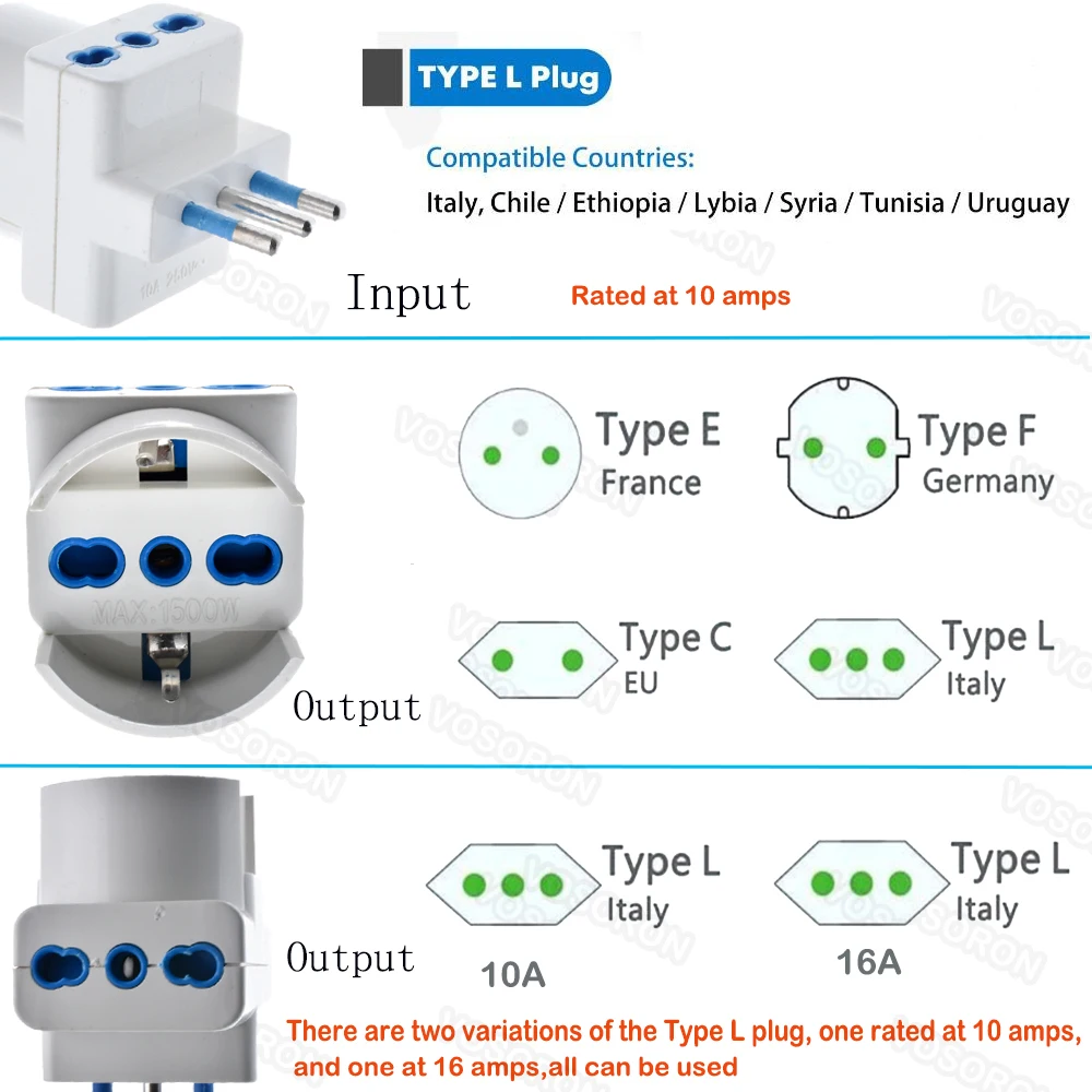 Italy Travel Plug Adapter 3 Ways Socket Multi Port Outlet Italian standard 10A 250V