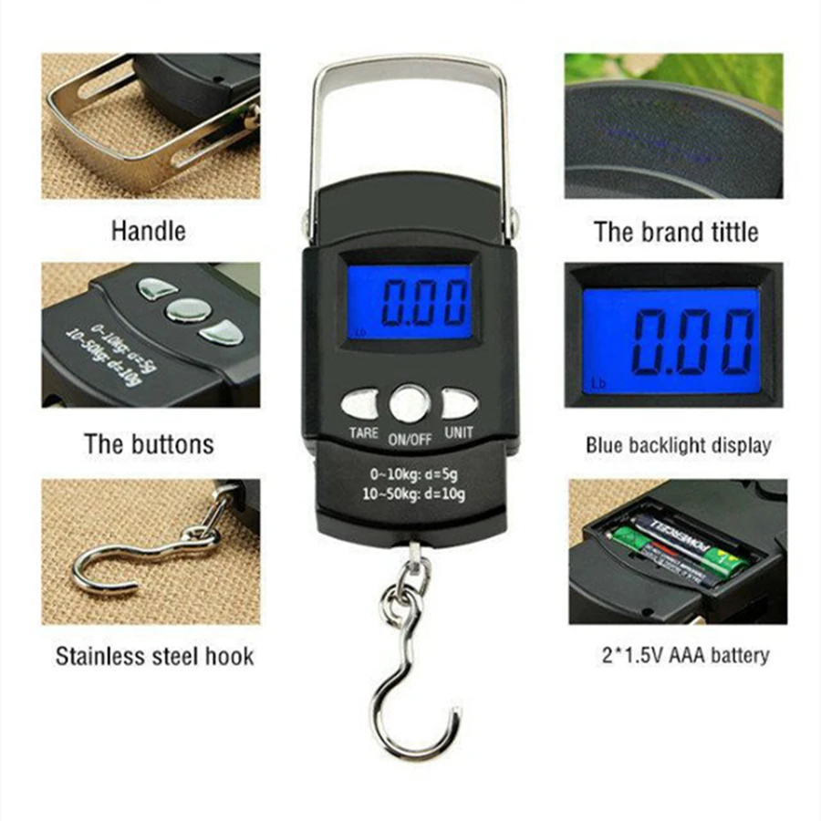 110lb/50kg Electronic Scale Blue Backlight LCD Display with Measuring Rule Tape Balance Digital Fishing Hanging Hook Scale Tool