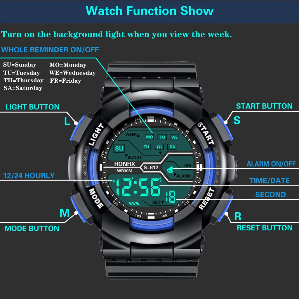 Outdoor Sport Men Watch Multifunction Large Screen LED Electronic Waterproof Luminous Military Digital Wristwatches Reloj Hombre