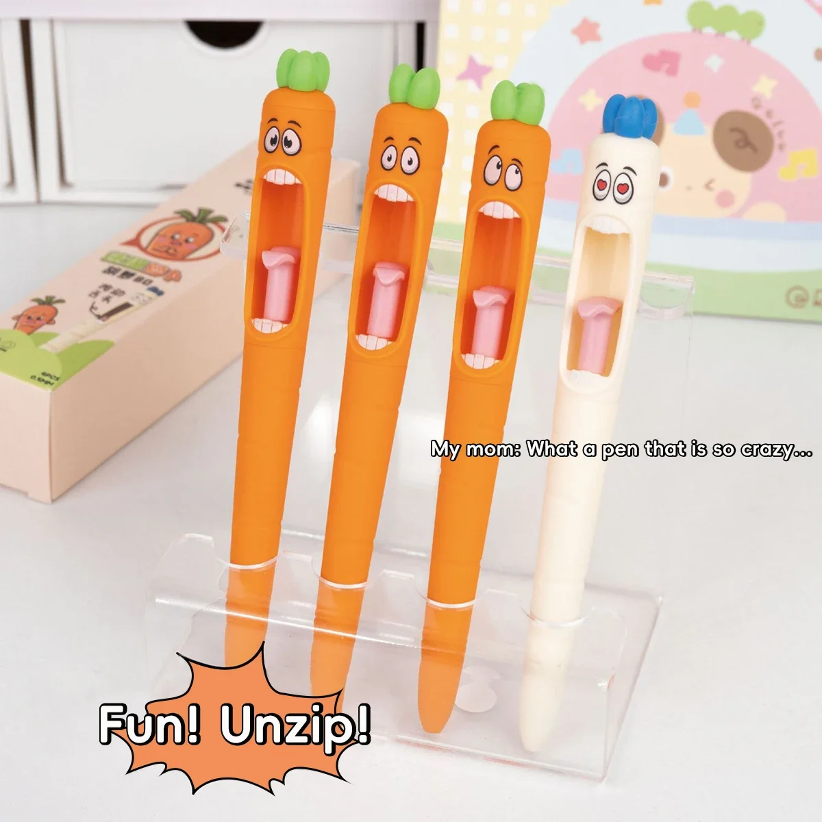 Cute Cartoon Kawaii  Pens Carrot Shaped Gel Pen Design Retractable Tongue Refill Black Ink Pens Office School Stationery Gift