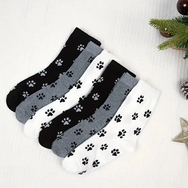 6/10 Pairs Dog Claw Printed Women's Round Neck Socks Cute Cartoon Pattern Comfortable Sweat Absorbing Breathable Casual Socks