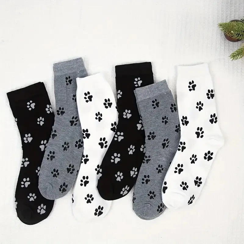 6/10 Pairs Dog Claw Printed Women's Round Neck Socks Cute Cartoon Pattern Comfortable Sweat Absorbing Breathable Casual Socks