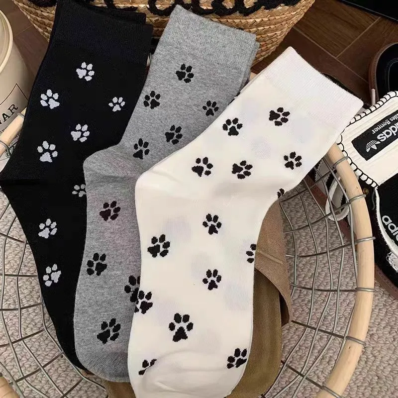 6/10 Pairs Dog Claw Printed Women's Round Neck Socks Cute Cartoon Pattern Comfortable Sweat Absorbing Breathable Casual Socks