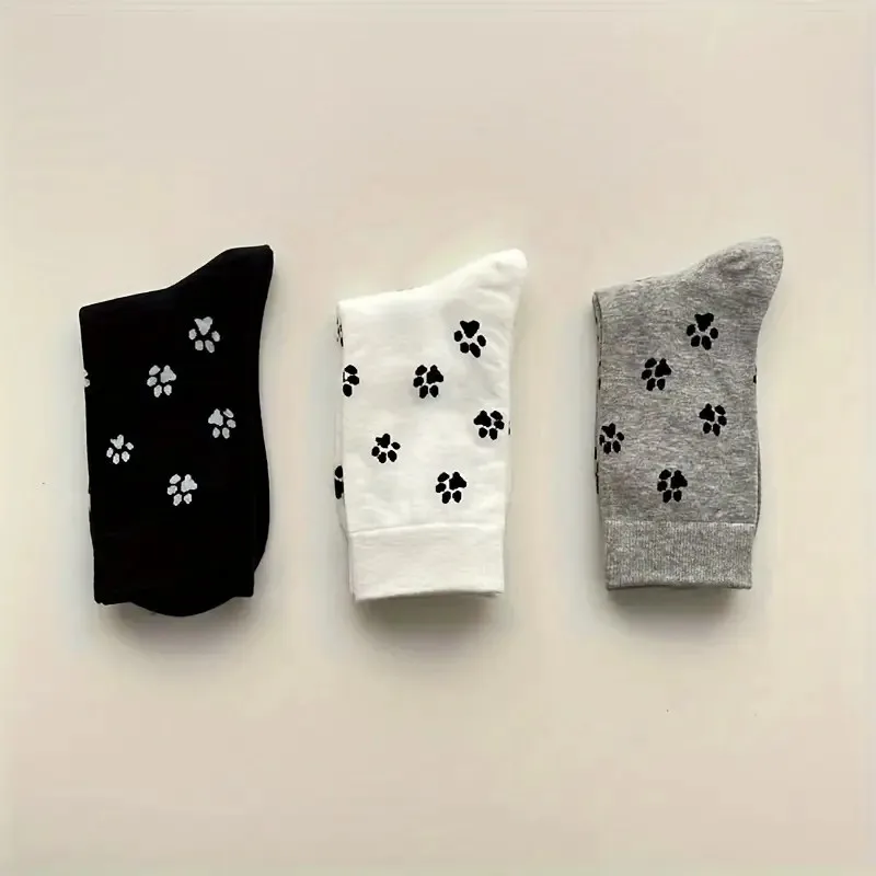 6/10 Pairs Dog Claw Printed Women's Round Neck Socks Cute Cartoon Pattern Comfortable Sweat Absorbing Breathable Casual Socks