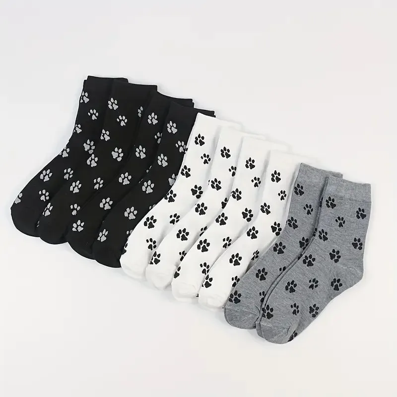 6/10 Pairs Dog Claw Printed Women's Round Neck Socks Cute Cartoon Pattern Comfortable Sweat Absorbing Breathable Casual Socks