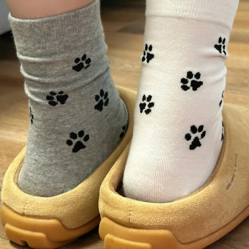 6/10 Pairs Dog Claw Printed Women's Round Neck Socks Cute Cartoon Pattern Comfortable Sweat Absorbing Breathable Casual Socks