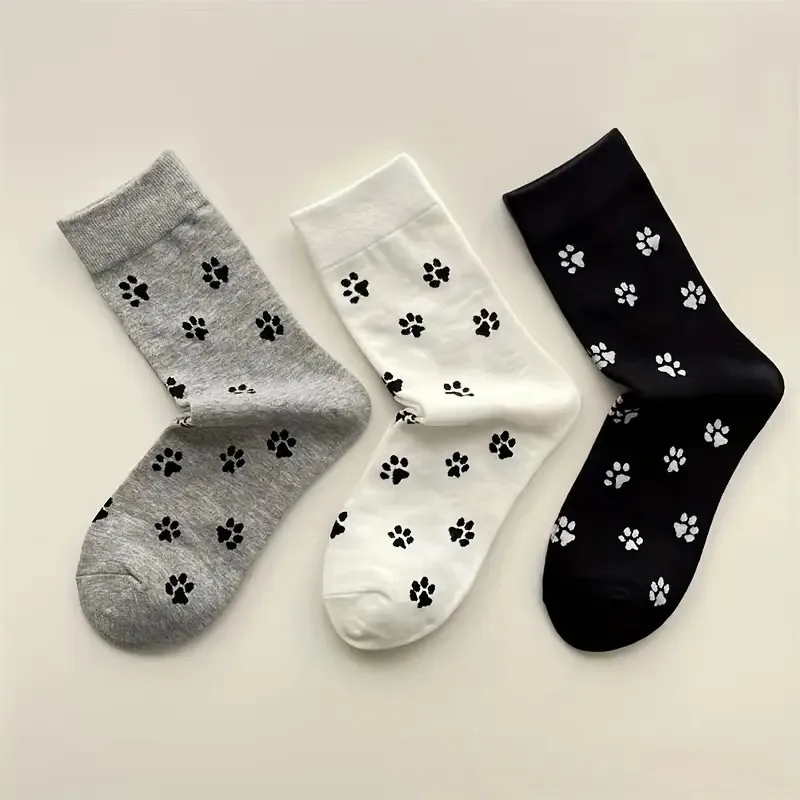 6/10 Pairs Dog Claw Printed Women's Round Neck Socks Cute Cartoon Pattern Comfortable Sweat Absorbing Breathable Casual Socks