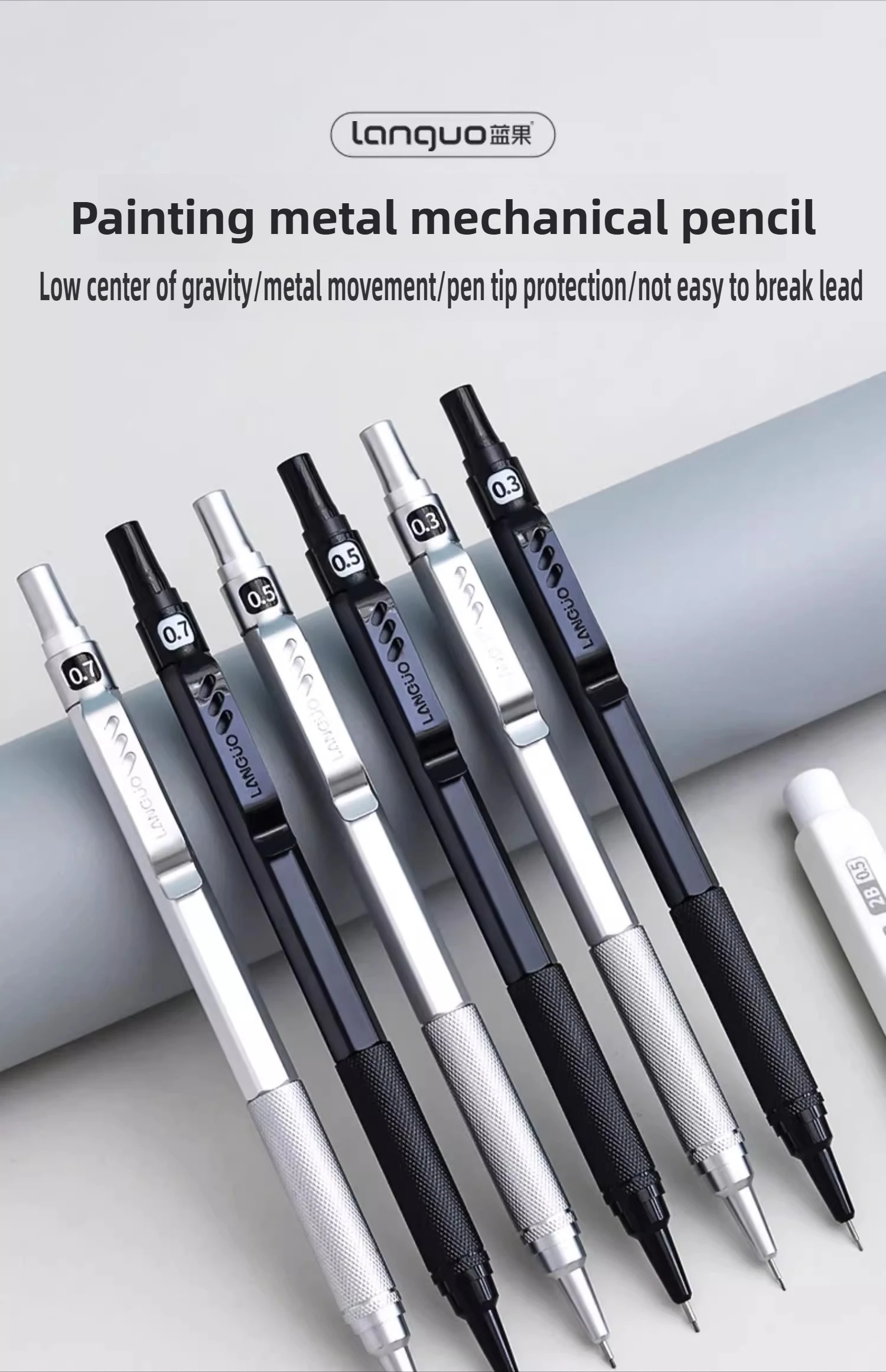 Metal Mechanical Pencil 0.3/0.5/0.7 mm Low Gravity Drawing Automatic HB Pencil Set with Leads Office School Writing Art Supplies