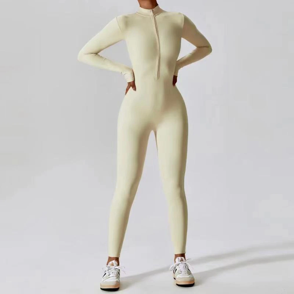 Womens Yoga Jumpsuits Long Sleeve Thin Slim Fit Stretch One Piece Playsuits Romper Sexy Fitness Female Basic Zipper Sportwears