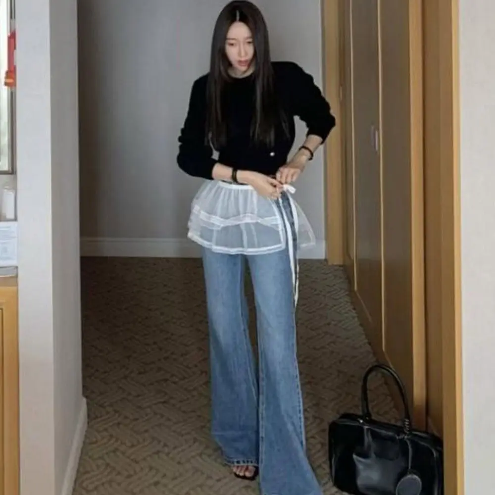 New Embroidered Flower Lace Mini Skirt See Through Y2K Streetwear Lace Up Ruffles Skirt Harajuku Butt Curtain Jeans Decoration