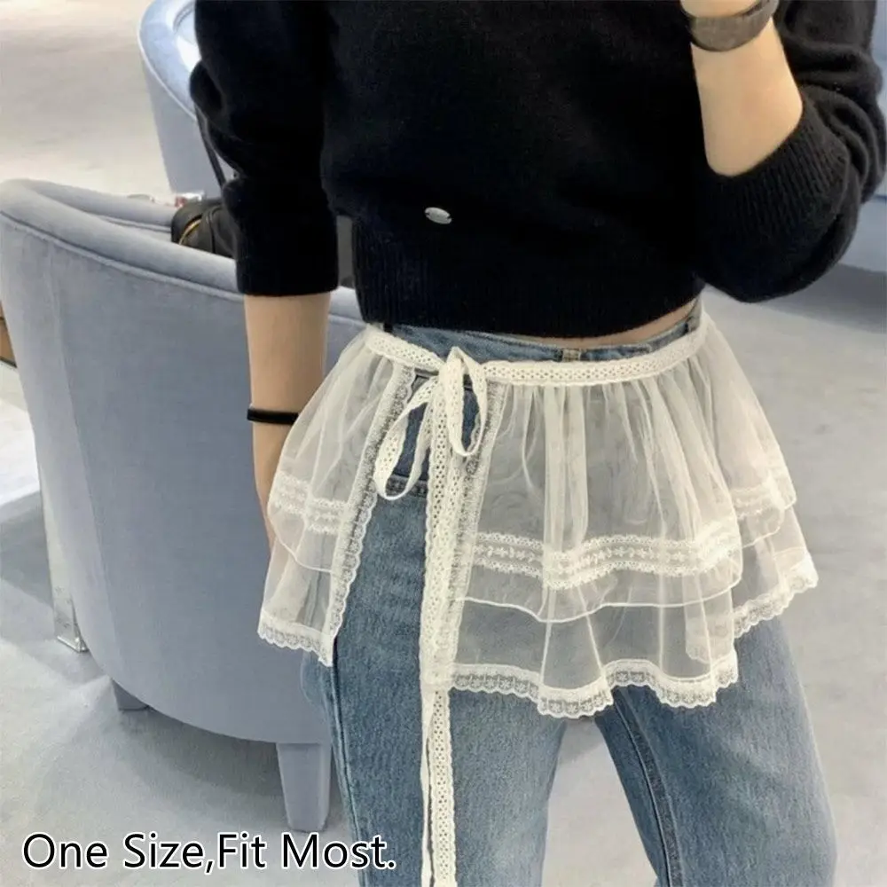 New Embroidered Flower Lace Mini Skirt See Through Y2K Streetwear Lace Up Ruffles Skirt Harajuku Butt Curtain Jeans Decoration