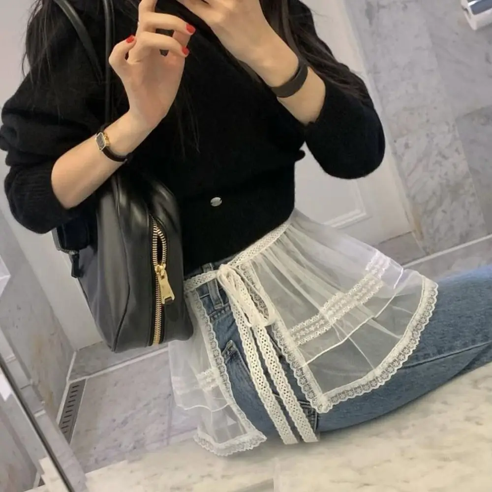 New Embroidered Flower Lace Mini Skirt See Through Y2K Streetwear Lace Up Ruffles Skirt Harajuku Butt Curtain Jeans Decoration