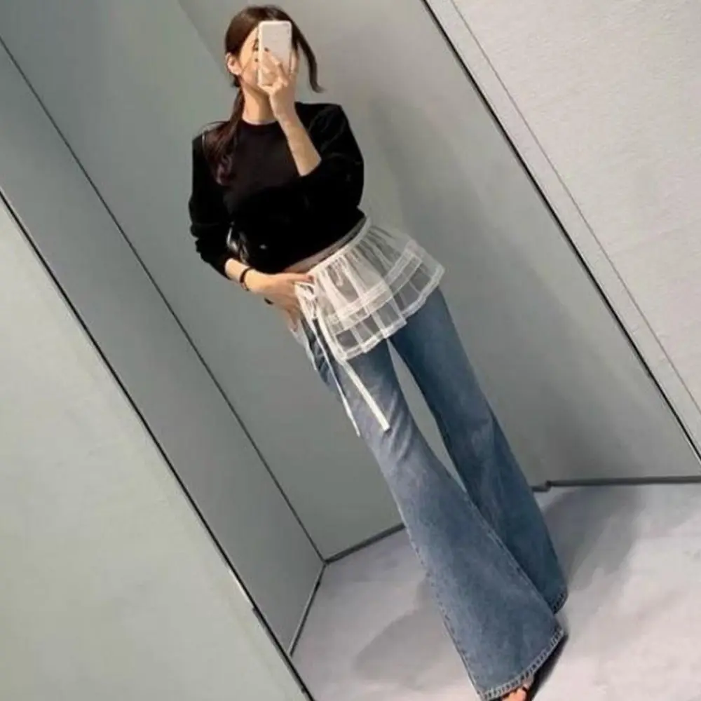 New Embroidered Flower Lace Mini Skirt See Through Y2K Streetwear Lace Up Ruffles Skirt Harajuku Butt Curtain Jeans Decoration
