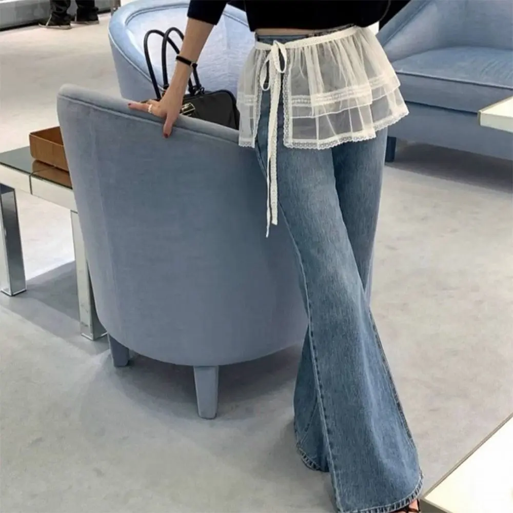 New Embroidered Flower Lace Mini Skirt See Through Y2K Streetwear Lace Up Ruffles Skirt Harajuku Butt Curtain Jeans Decoration