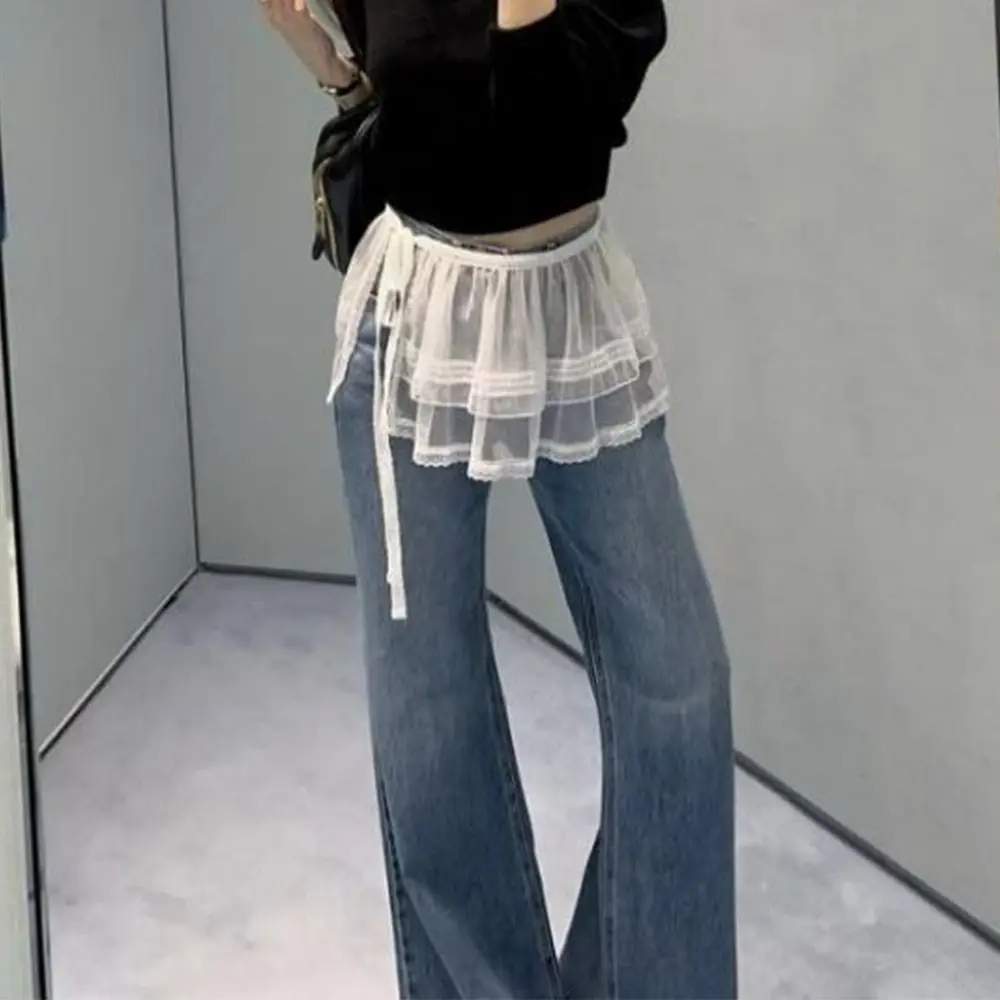New Embroidered Flower Lace Mini Skirt See Through Y2K Streetwear Lace Up Ruffles Skirt Harajuku Butt Curtain Jeans Decoration