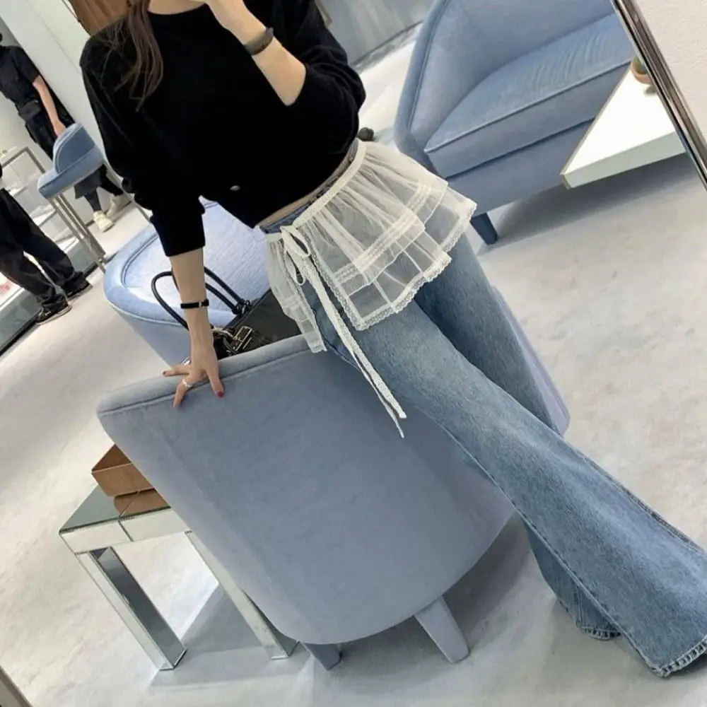 New Embroidered Flower Lace Mini Skirt See Through Y2K Streetwear Lace Up Ruffles Skirt Harajuku Butt Curtain Jeans Decoration