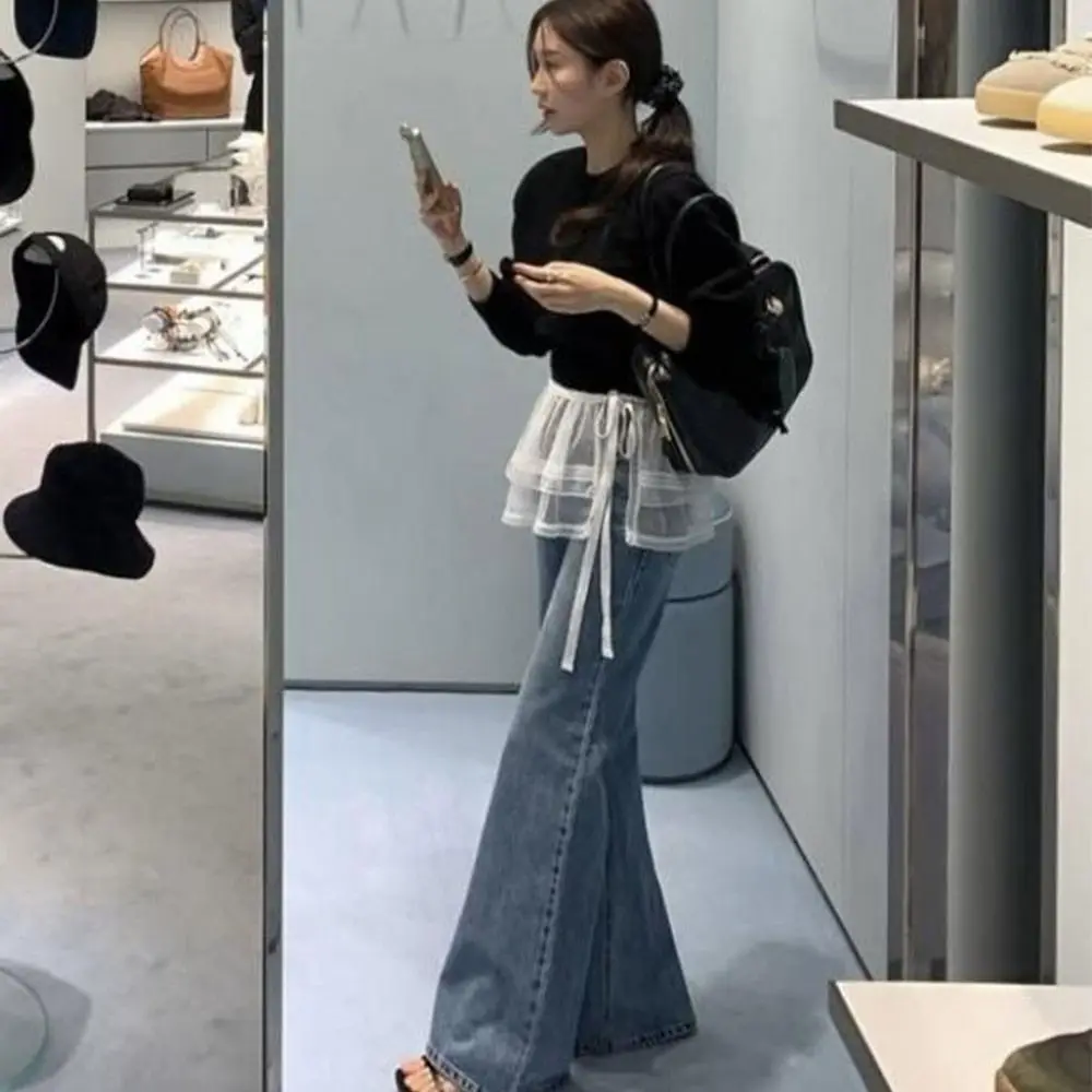 New Embroidered Flower Lace Mini Skirt See Through Y2K Streetwear Lace Up Ruffles Skirt Harajuku Butt Curtain Jeans Decoration