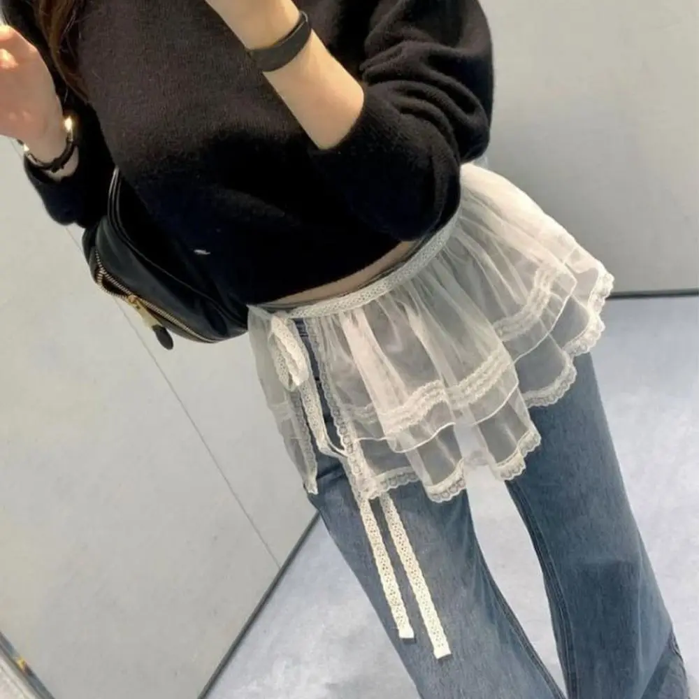 New Embroidered Flower Lace Mini Skirt See Through Y2K Streetwear Lace Up Ruffles Skirt Harajuku Butt Curtain Jeans Decoration