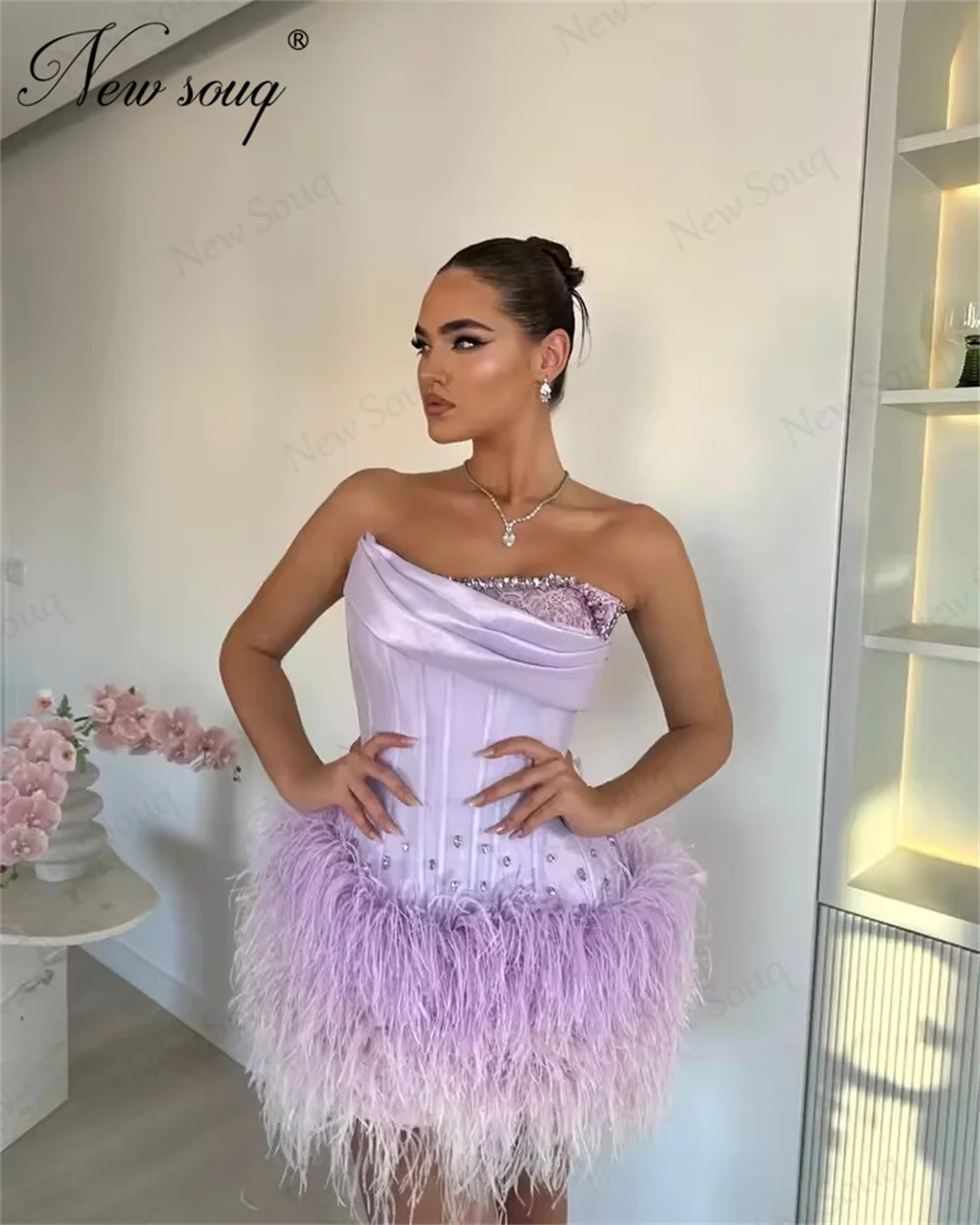 Lilac Short Feathers Evening Dresses Customized Beading Strapless Cocktail Dress Party Clubbing Dress Graduation Dress Robes