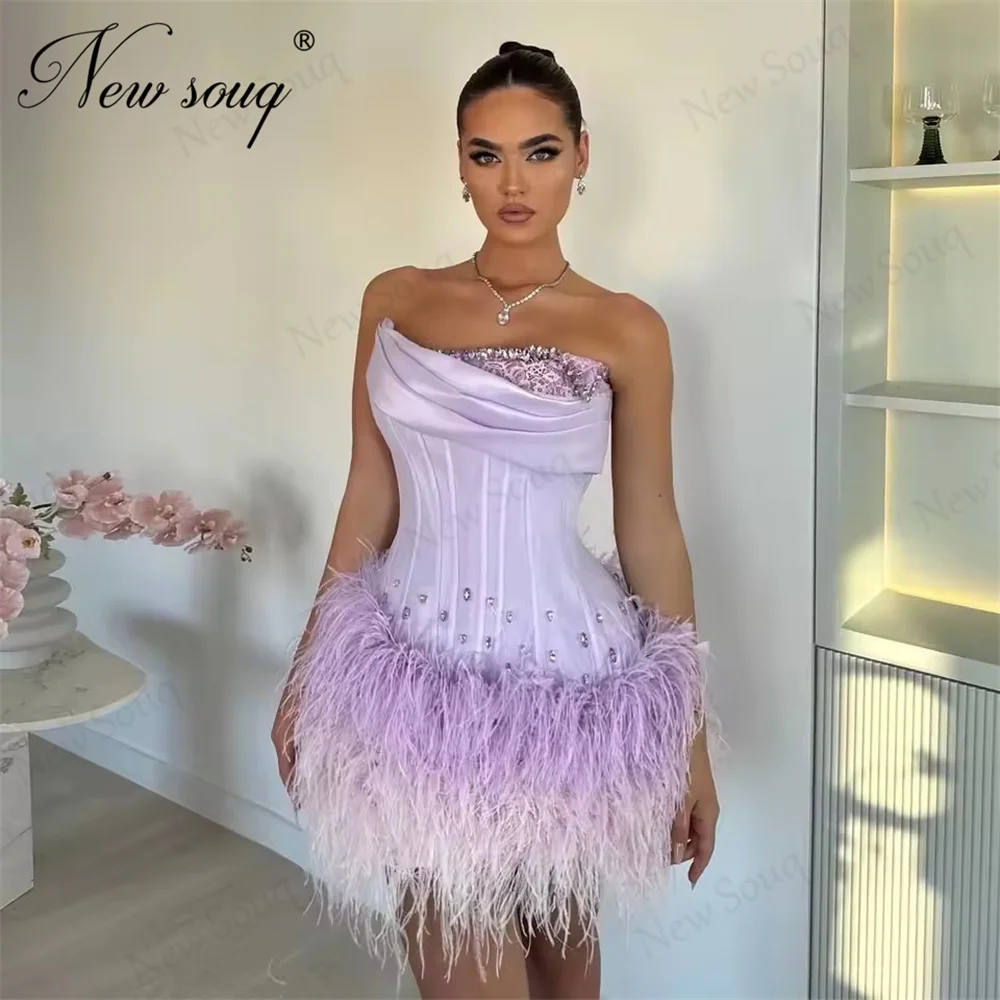 Lilac Short Feathers Evening Dresses Customized Beading Strapless Cocktail Dress Party Clubbing Dress Graduation Dress Robes