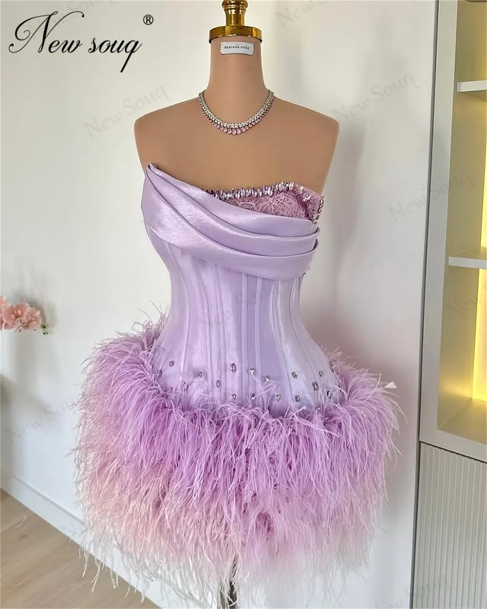 Lilac Short Feathers Evening Dresses Customized Beading Strapless Cocktail Dress Party Clubbing Dress Graduation Dress Robes
