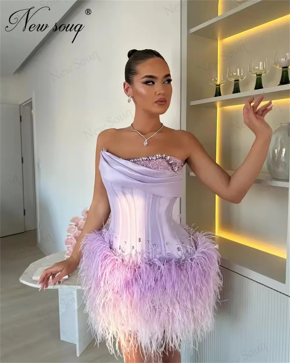 Lilac Short Feathers Evening Dresses Customized Beading Strapless Cocktail Dress Party Clubbing Dress Graduation Dress Robes