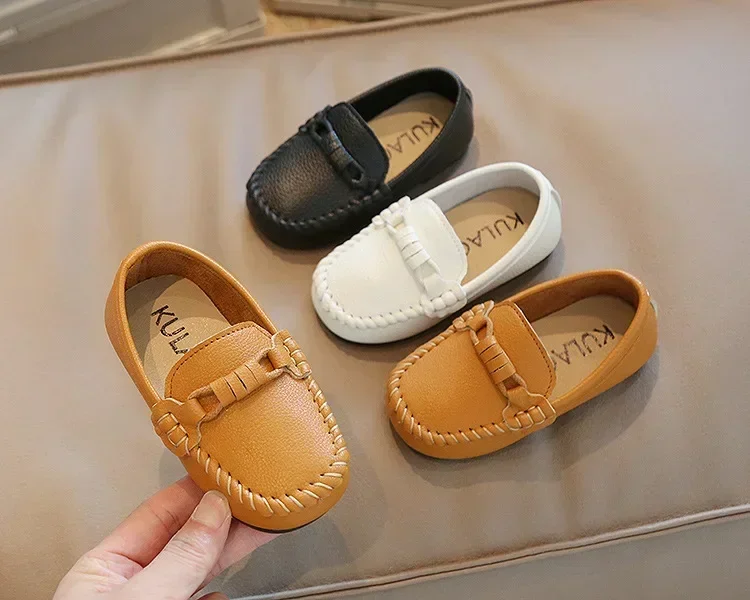 Boys Leather Shoes Black White for School Party Wedding Kids Formal Flats Loafers Slip-on Soft Loafers Children Moccasins 21-30