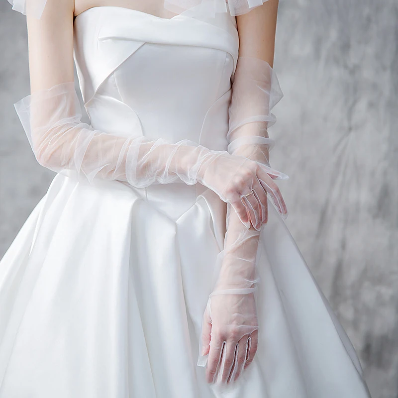 70cm Women Long Ultra Thin Gloves Tulle Elbow Wedding Party Bride Dress Mittens Sheer Transparent Vintage Black White Mesh Glove