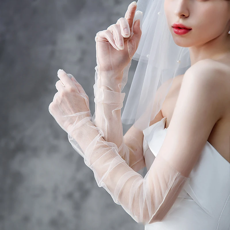 70cm Women Long Ultra Thin Gloves Tulle Elbow Wedding Party Bride Dress Mittens Sheer Transparent Vintage Black White Mesh Glove