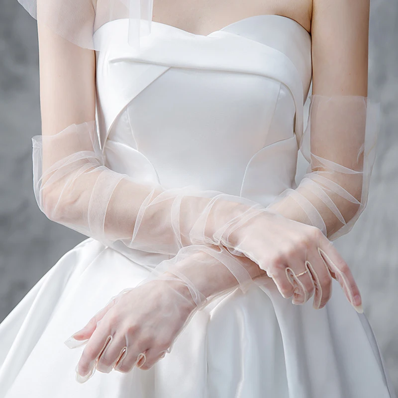70cm Women Long Ultra Thin Gloves Tulle Elbow Wedding Party Bride Dress Mittens Sheer Transparent Vintage Black White Mesh Glove