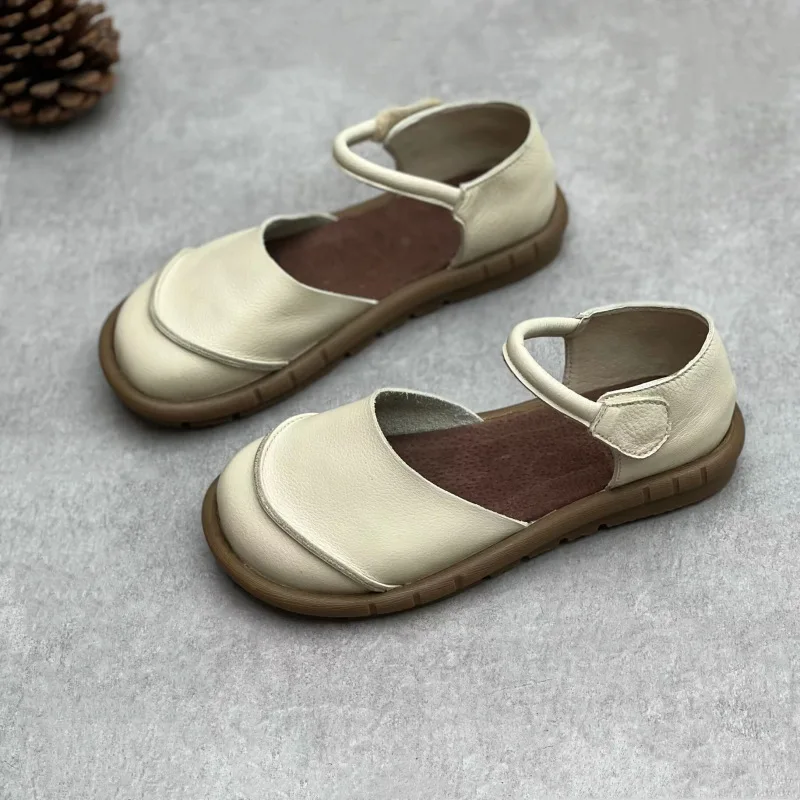 Soft Leather Women's Flat Shoes Retro Handmade Comfortable 2025 Summer Genuine Leather Fashion Black Casual Sandals Ladies