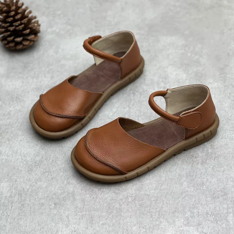 Soft Leather Women's Flat Shoes Retro Handmade Comfortable 2025 Summer Genuine Leather Fashion Black Casual Sandals Ladies