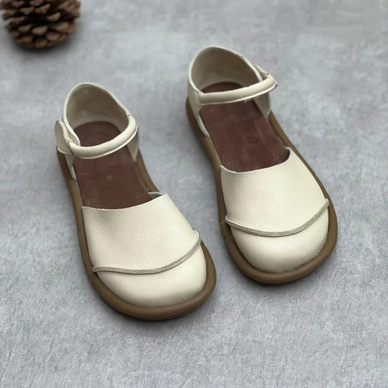 Soft Leather Women's Flat Shoes Retro Handmade Comfortable 2025 Summer Genuine Leather Fashion Black Casual Sandals Ladies
